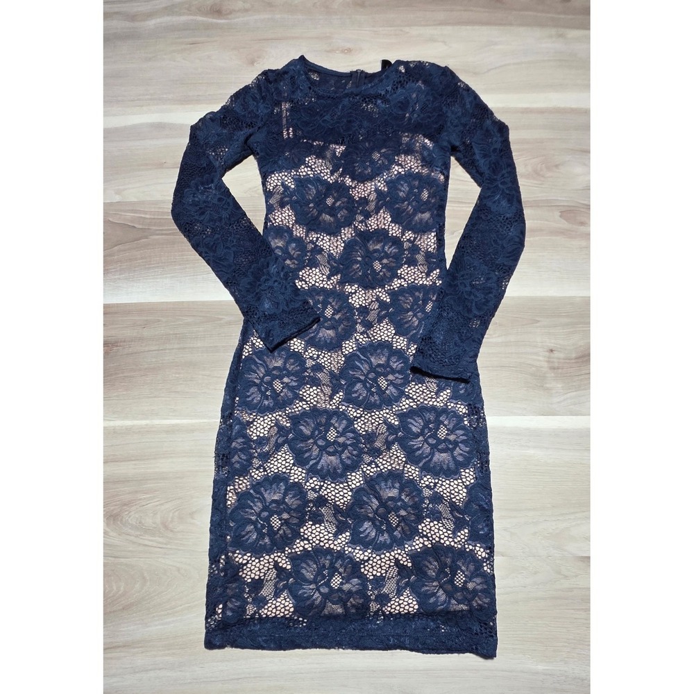 Mystic Lace Sheath Dress Womens XS Navy Blue Floral Long Sleeve Cocktail D13478L